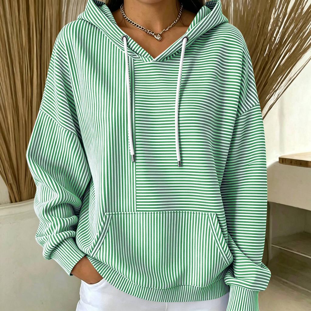 Women's Loose Fit Hooded Striped Long Sleeve Pullover with Pockets