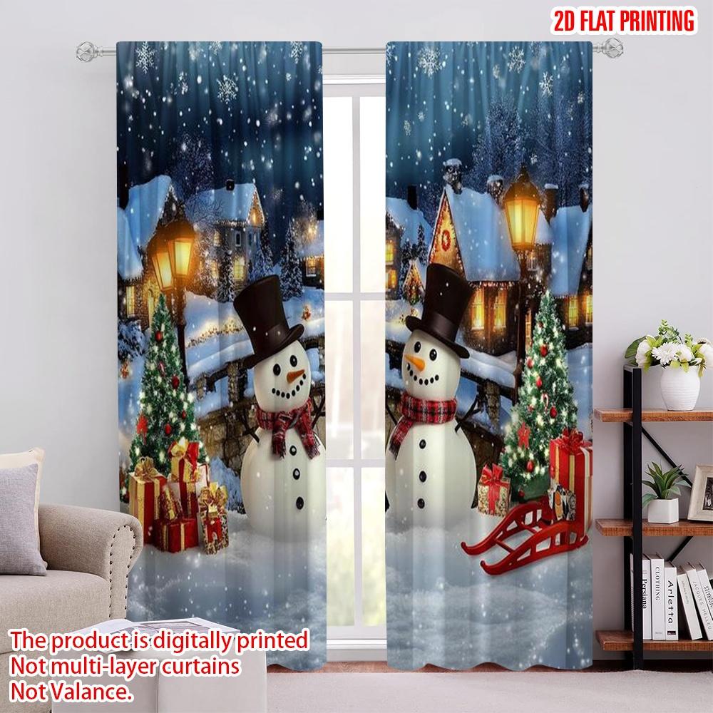 

Flat Printing Merry Christmas Window Curtains Winter Town Snowman Polyester Without Electricity Spring Perfect Set Of 2 Made W100*H70(CM)-Grommet top&1PCS