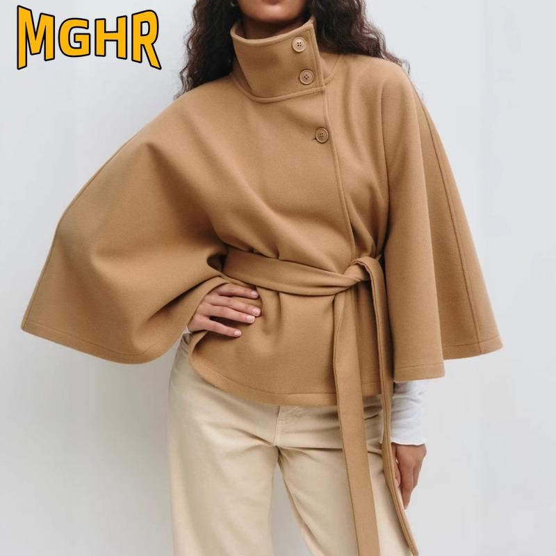 MGHR Women's Vintage Casual Solid Color Print Autumn Winter Long Sleeve Stand-up collar Jackets & Coats