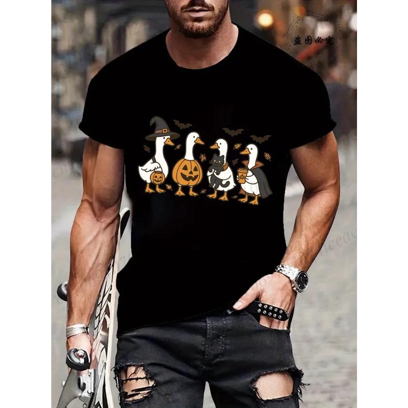 Summer Round Neck Halloween Ghost & Goose Graphic 3D Print T-shirts Fashionable Casual Short Sleeved Men's T-shirts