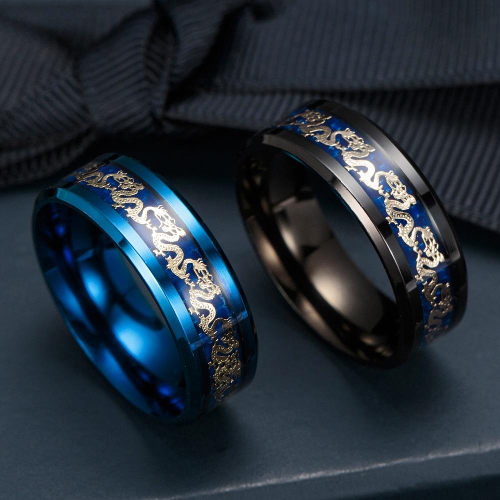 Titanium Steel Dragon Rings Black And Blue Man's Gifts Wedding Band Jewelry Size 6-12