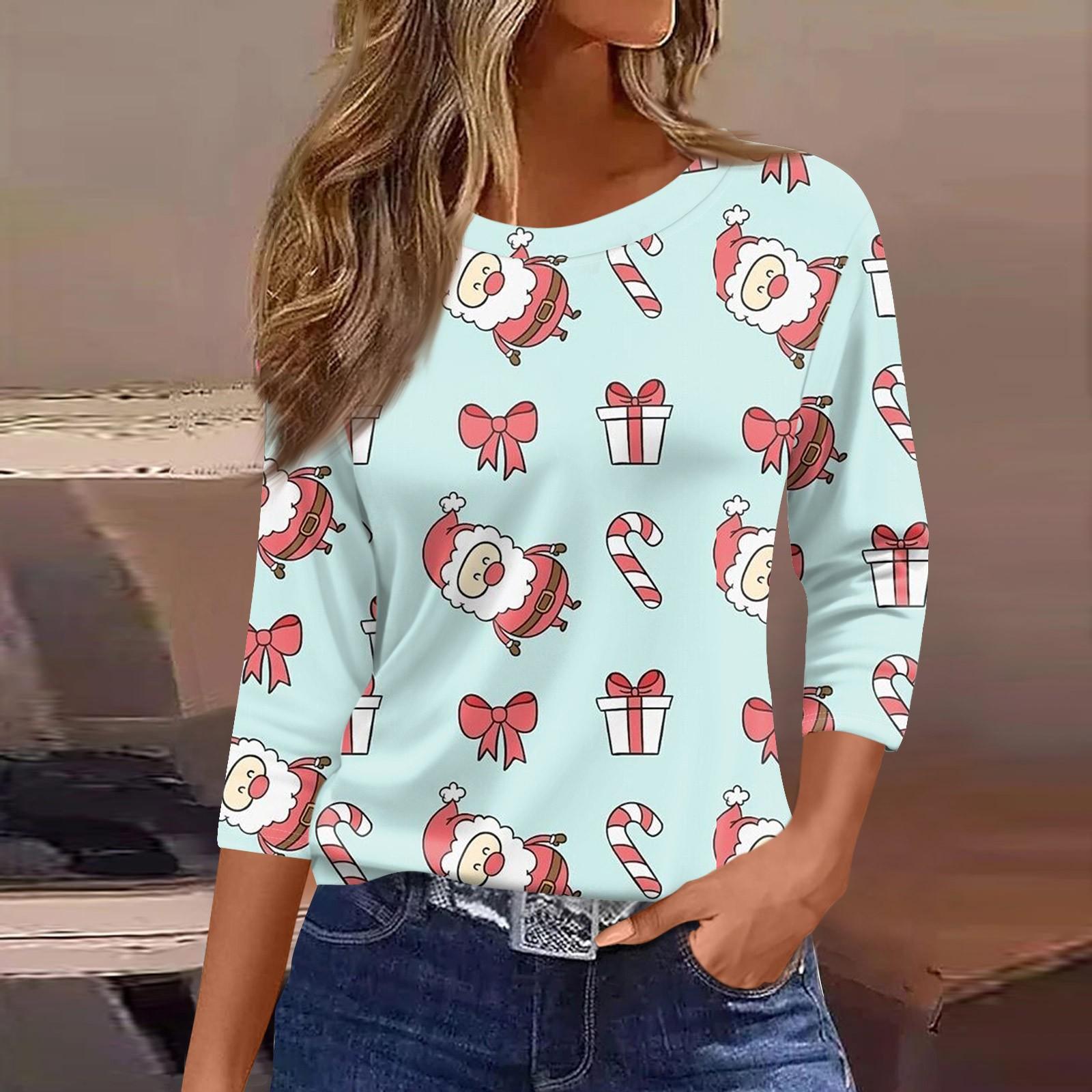 

Женские топы, рубашка с семью рукавами, свободная футболка с круглым вырезом и принтом рождественского снеговика и елки XXL