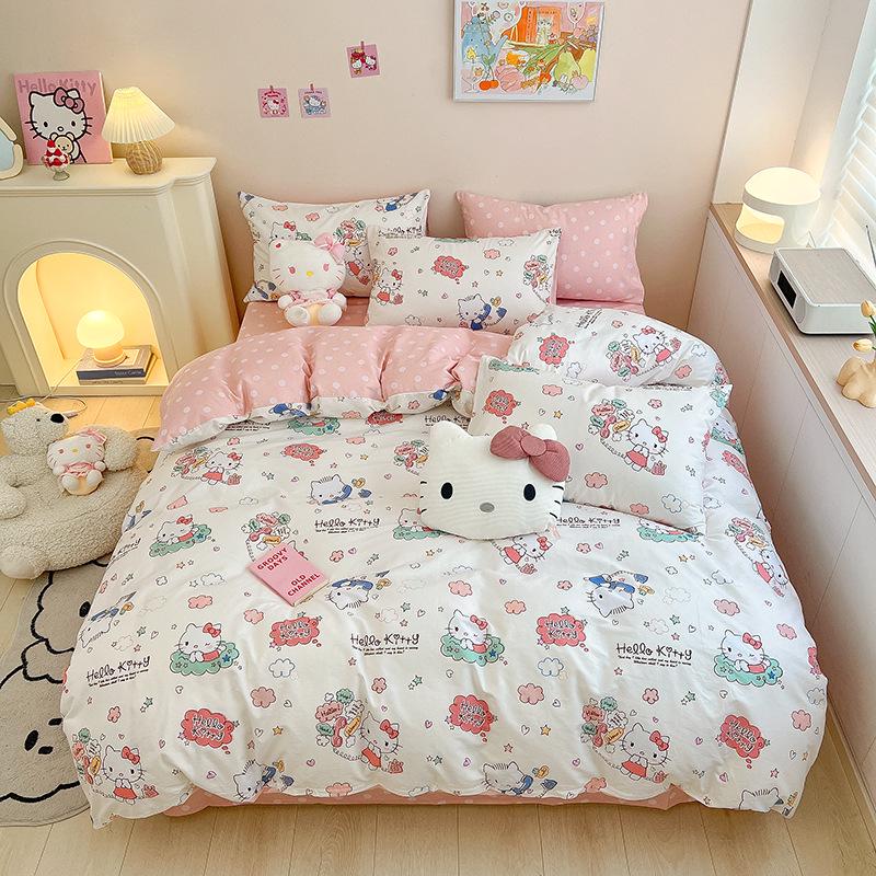 Hello Kitty All-Cotton Cute Cartoon Girl Fitted Sheet & Duvet Set - 4-Pc Dorm Style