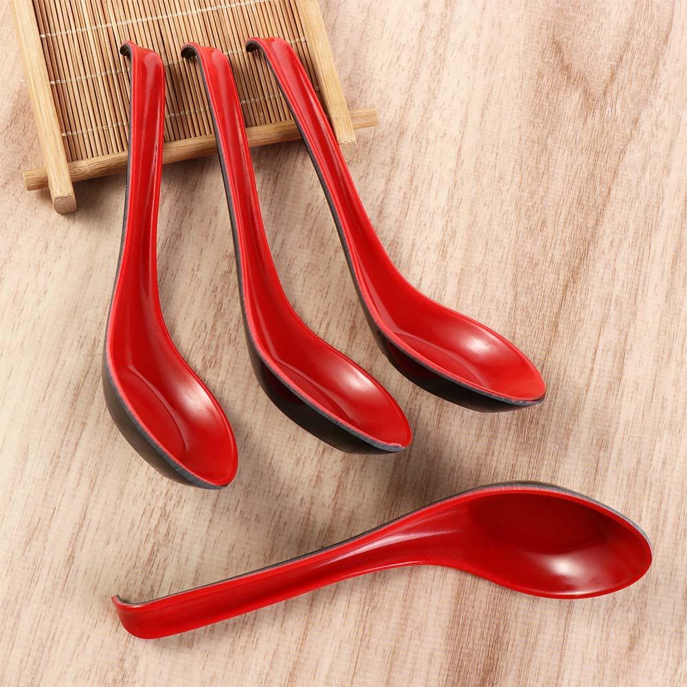 5pcs/set Durable Plastic Red Black Soup Spoons Long Handle Bicolor Porridge Spoons Imitation Porcelain Anti Scalding Ramen
