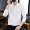 Men Solid White Lapel Long Sleeve Polo Shirt Button Collar Business Casual Top