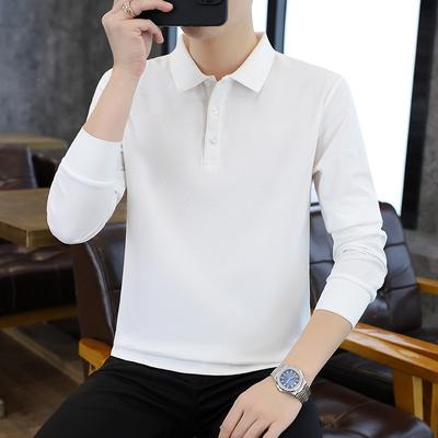 Men Solid White Lapel Long Sleeve Polo Shirt Button Collar Business Casual Top