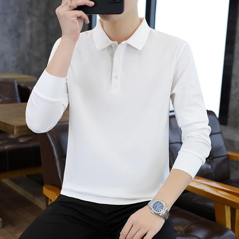 Men Solid White Lapel Long Sleeve Polo Shirt Button Collar Business Casual Top