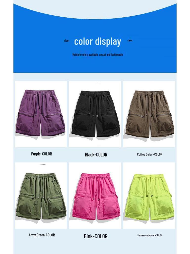 Summer Men's Retro Nylon Workwear Shorts: Loose, Multi-Pocket, Solid Color