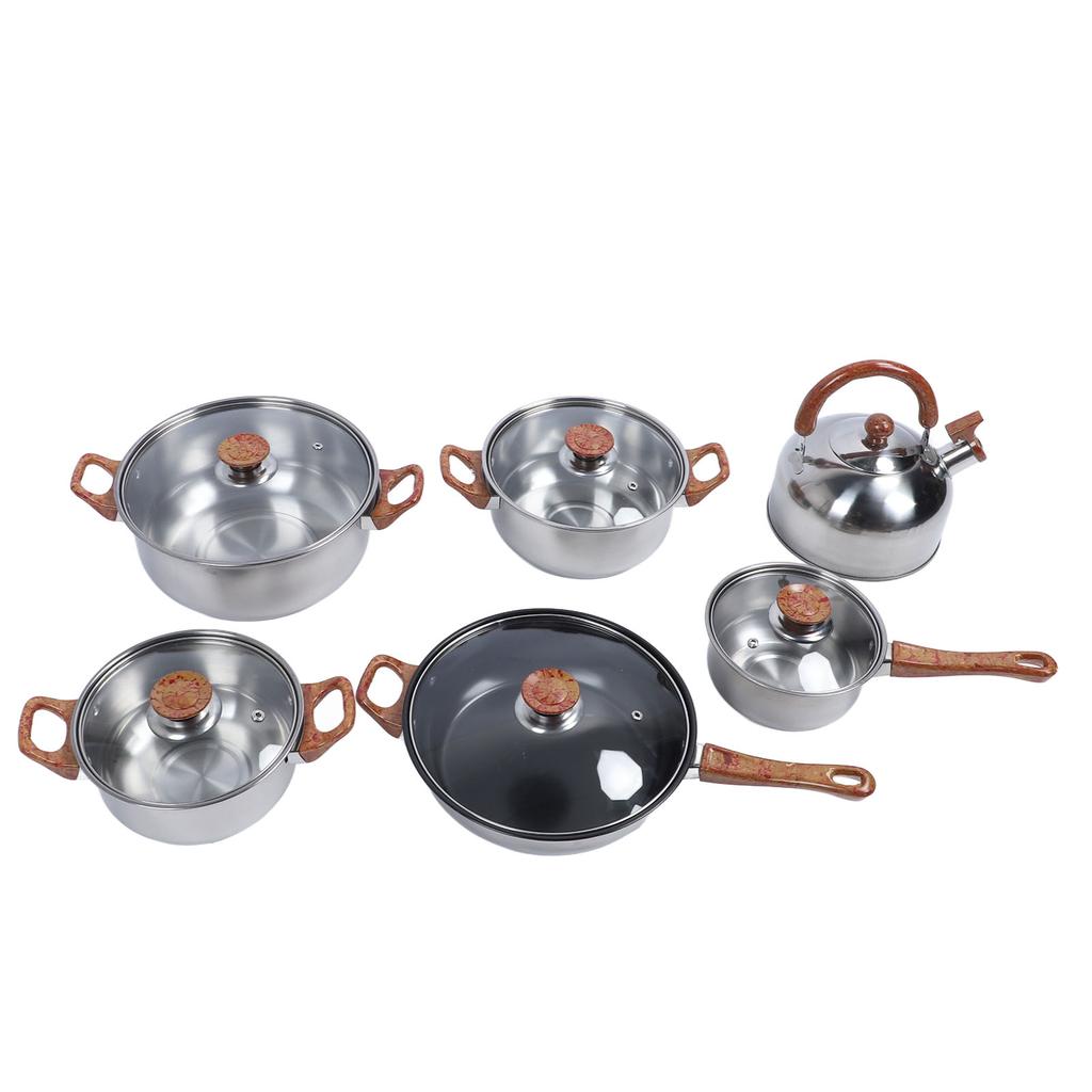 Stainless Steel Cookware Set Multifunctional Wooden Grain Kitchen Cookware Pots Pans Set with Kettle