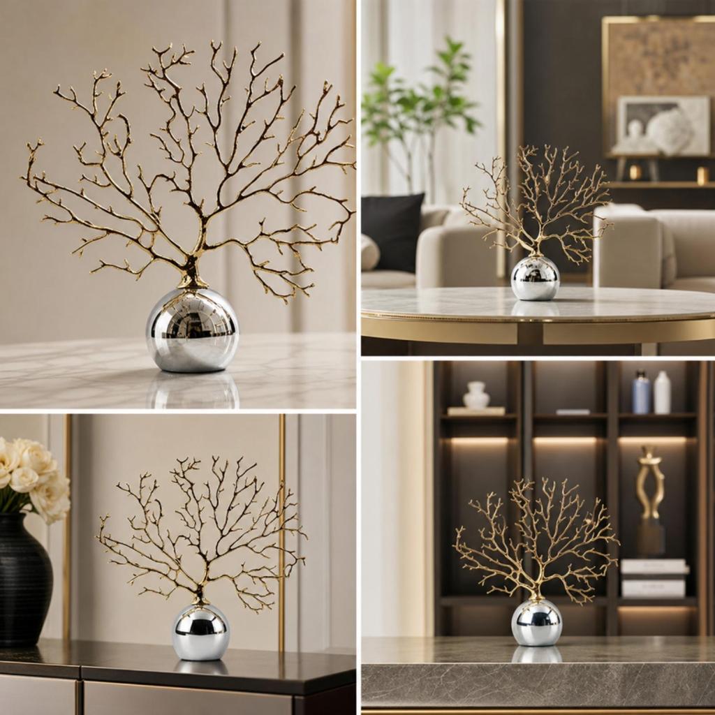 Metal Branch Sculpture Reflective Tree Decor with Silver Base Modern