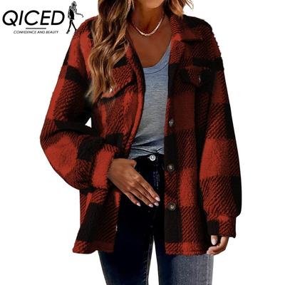 Women's Vintage Casual Lattice Print Autumn Winter Long Sleeve POLO Neck Jackets & Coats