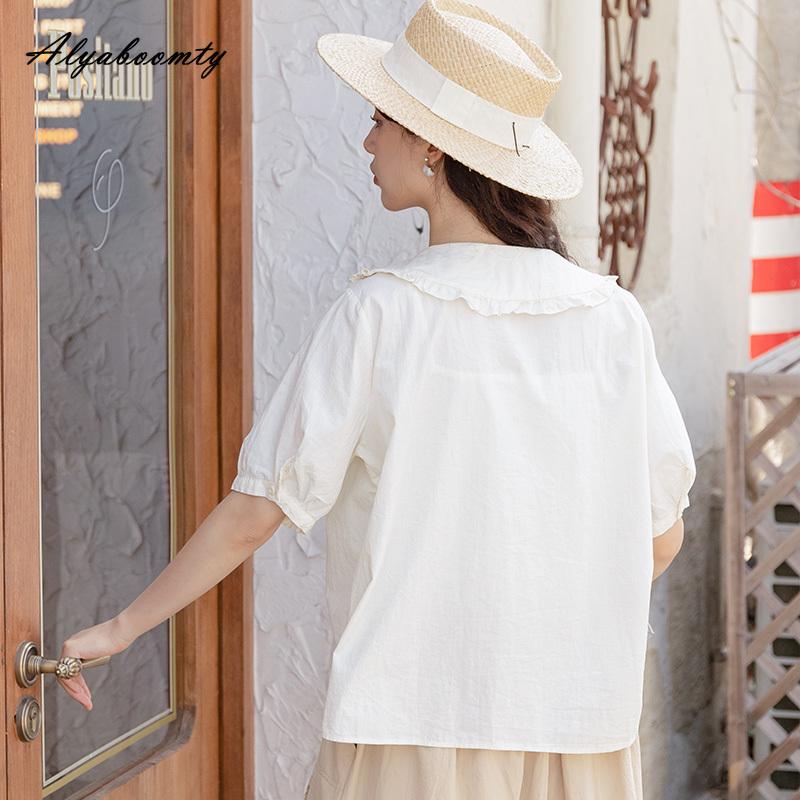 Japanese Mori Girl Summer Women Sweet Blouse Peter Pan Collar Floral Embroidery Casual Loose Blouse Short Sleeve Cotton Cute Blouse