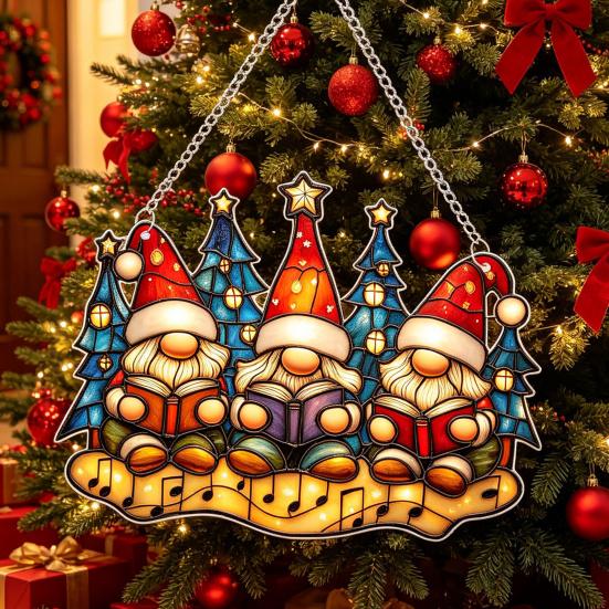 Xmas Tree Door Decorations Fairy & Gnome Christmas Acrylic Suncatcher, 2D Fantasy Elf Dwarf Window Hanging Unique Baubles Decor with Stained