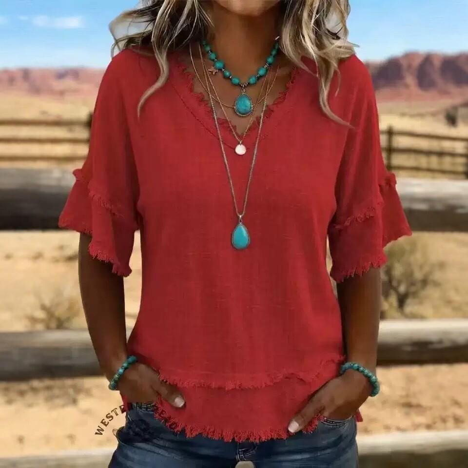 Women's V Neck Fringe Top Layered Ruffle Half Sleeve Loose Casual Summer Blouses