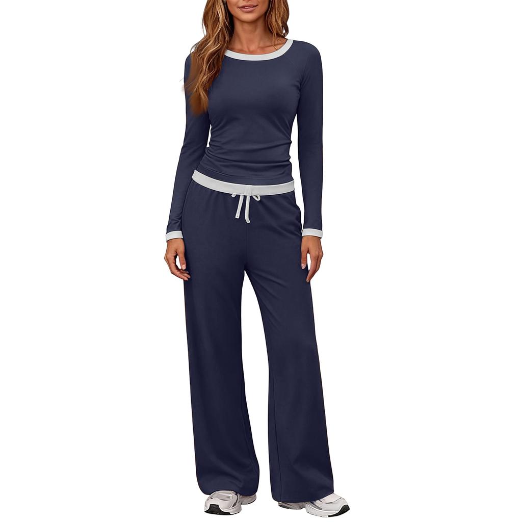 Women's Long-Sleeve Casual Sports Two-Piece Set With Loose Wide-Leg Pants