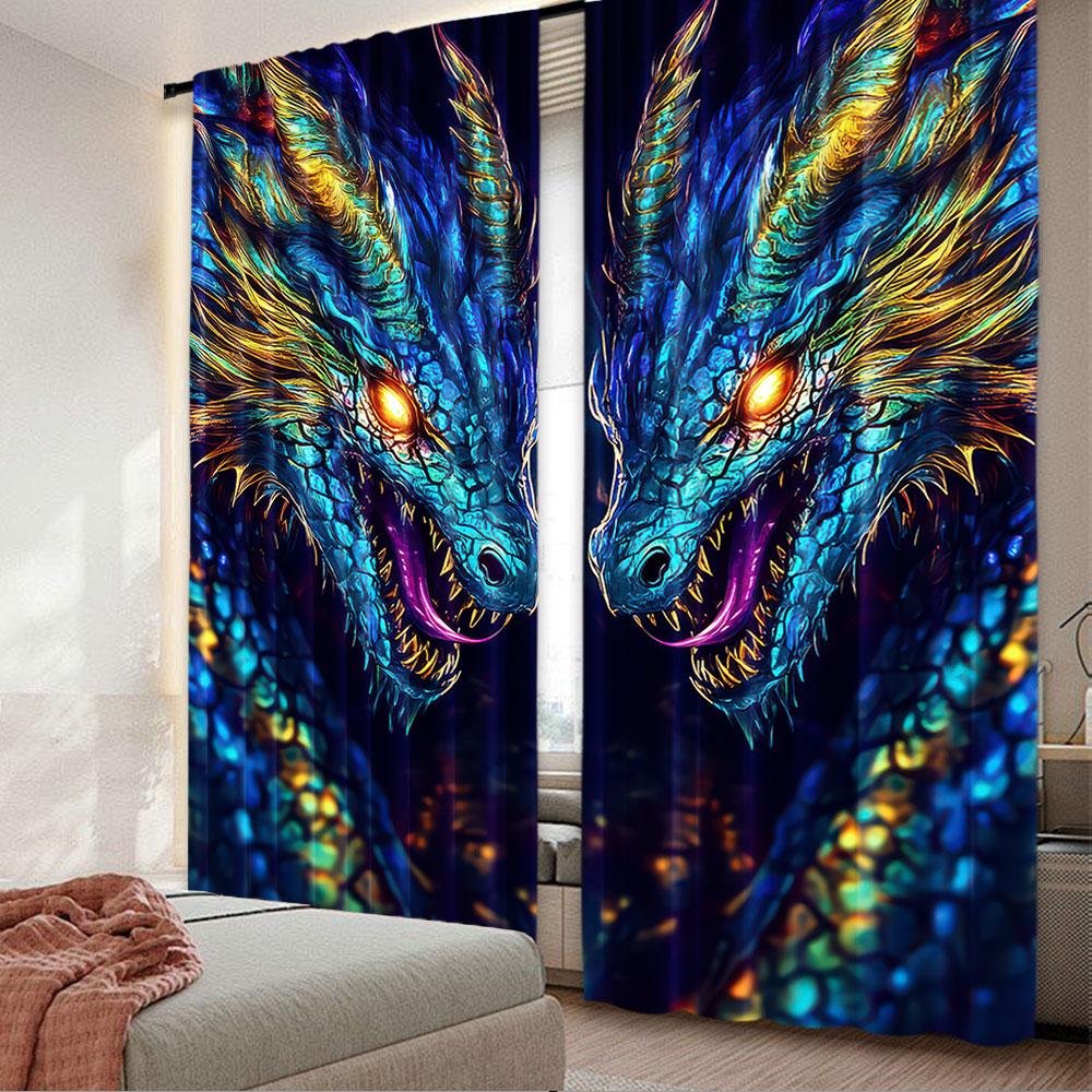 2Pcs Dragon Printed Curtains Stylish And Elegant Window Drapes For Bedroom Office Kitchen Living Room And Study Perfect Home