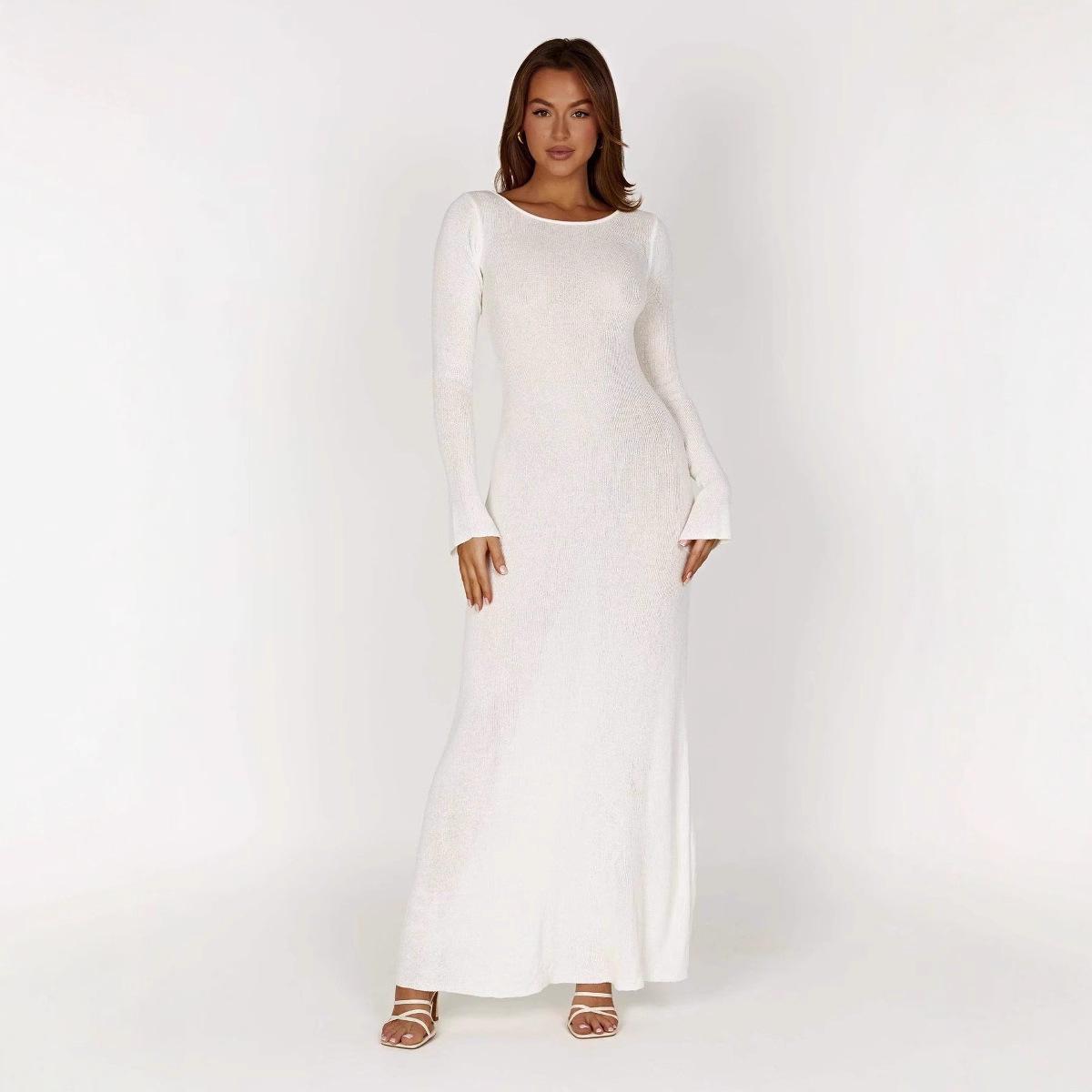 2025 Autumn/Winter Women s Versatile Long Sleeve Backless Knit Dress Large белый