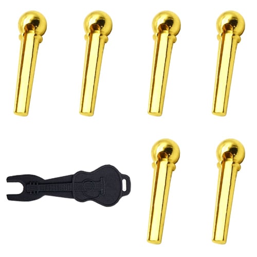 Brass Acoustic Guitar Bridge Pins (6-Piece Set) - Easily Replaceable Parts, Includes Endpin and Pin Remover