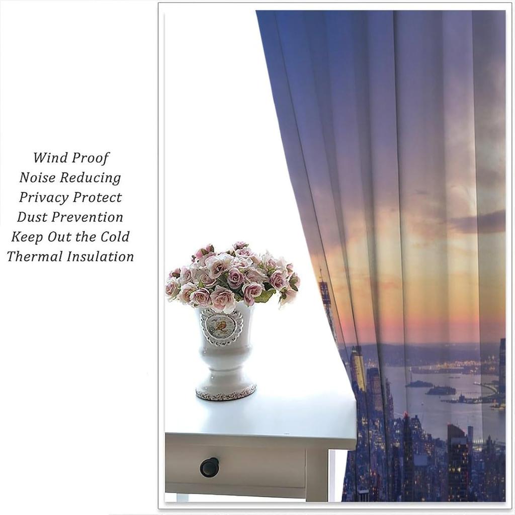 Modern Curtains, New York City Skyline with A Skyscrapers At The Night with Sunset American Urban Li for Living Rooms and Bedrooms Drapes 2 Panels