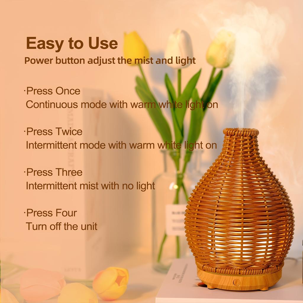 Eine Aromatherapie-Maschine, ein Diffusor für ätherische Öle in der Optik von Bambus und Rattan, mit automatischem Abschaltschutz ohne Wasser, geeignet