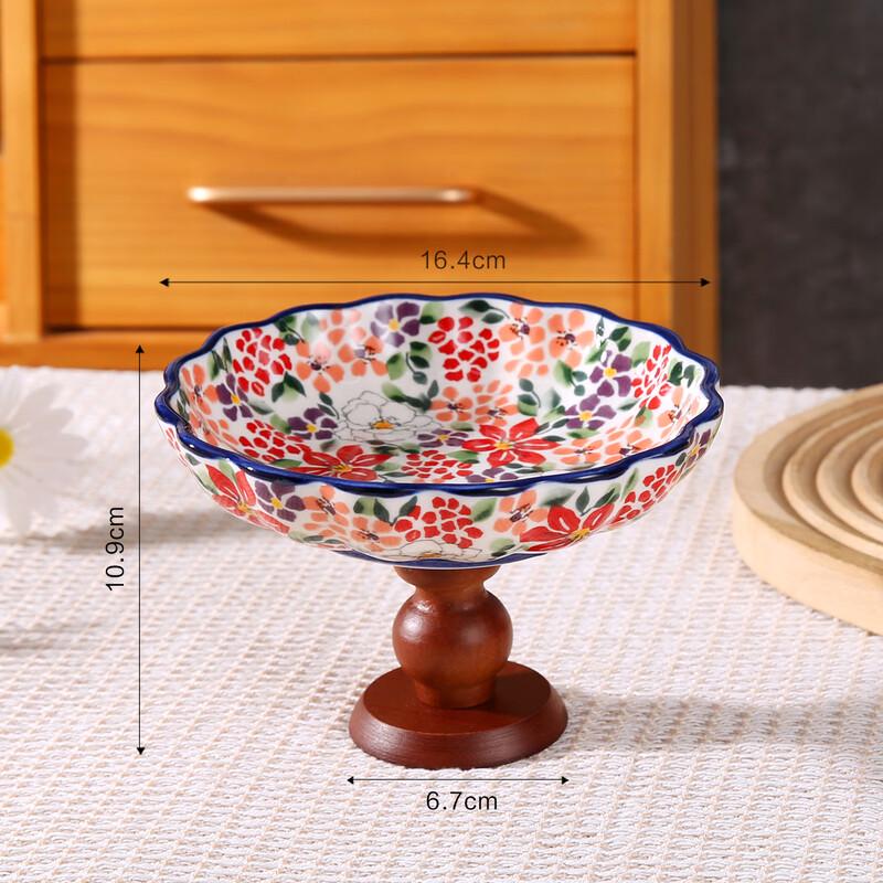 Декоративная керамическая тарелка Oujiewang с цветочным узором и деревянной подставкой