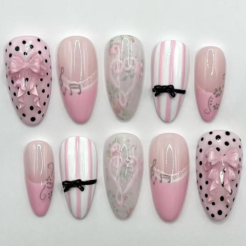 24PCS Pink Leopard Print Blush Almond Press On Nails Sweet Bowknot False Nails Simple French Fake Nails with Diamond Wearable
