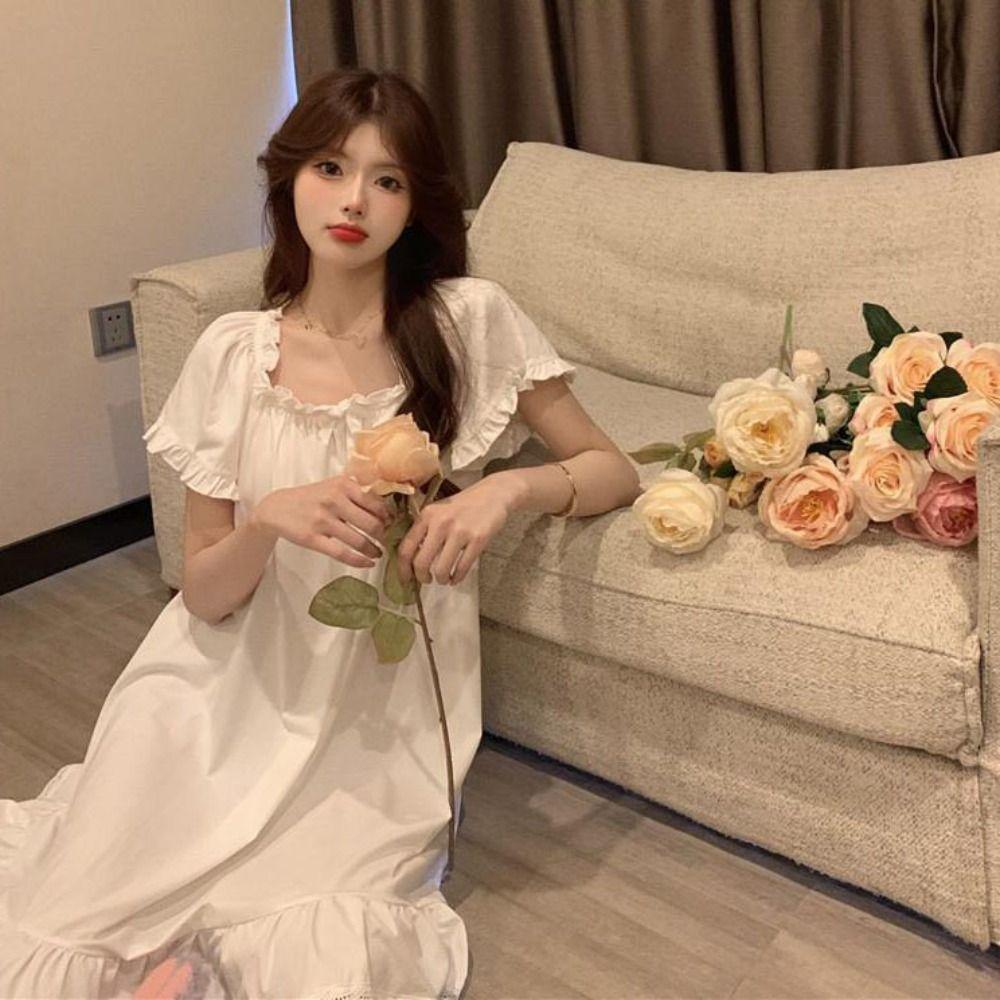 Short Sleeve Ruffle Nightdress Bowknot Princess Nightgown Elegant Women's Pajama Dress  Girls