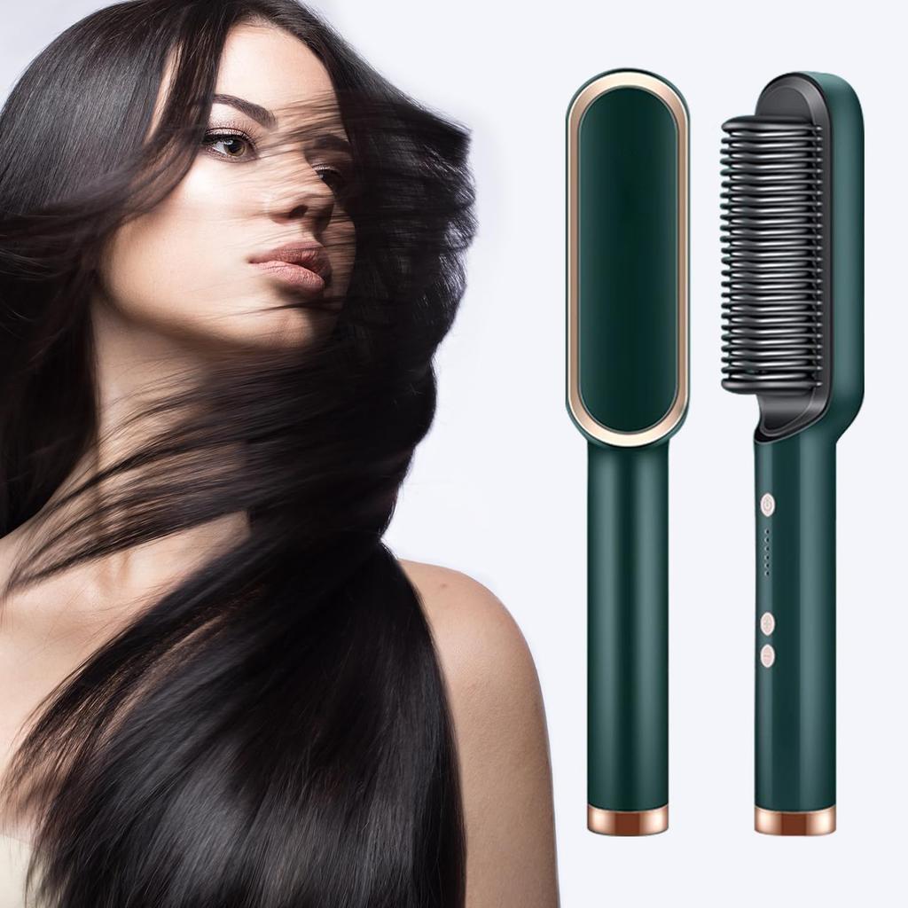 Hair Straightener Brush with 5 Temperature Settings, Negative Ion Styling Tool, 2-in-1 Straightener and Curler, Portable Electric Heated Brush for
