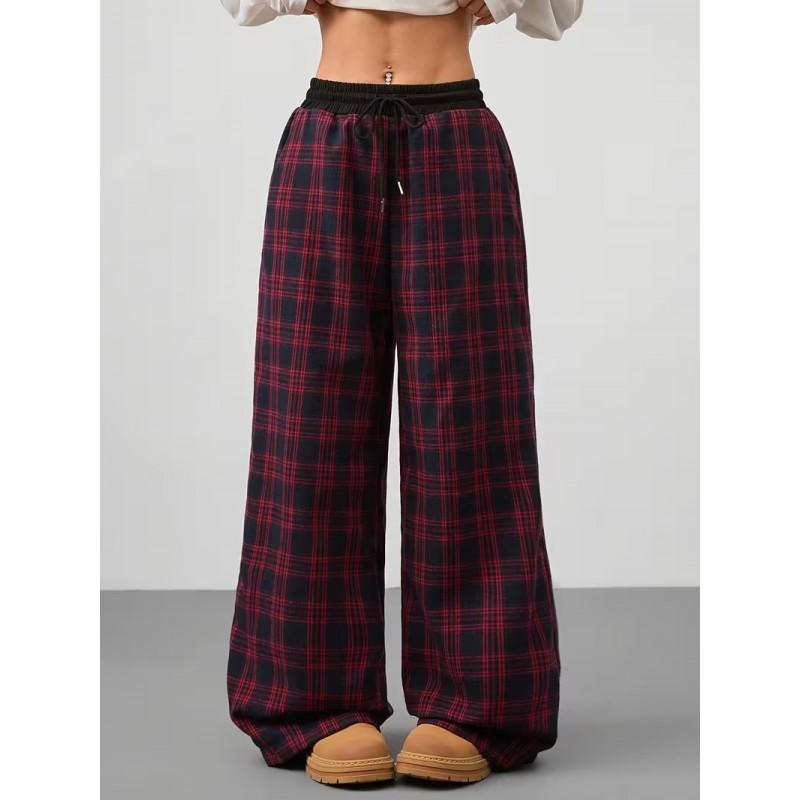 High Waist Loose Wide Leg Casual Pants Women Plaid Drawstring Trousers Daily Wear