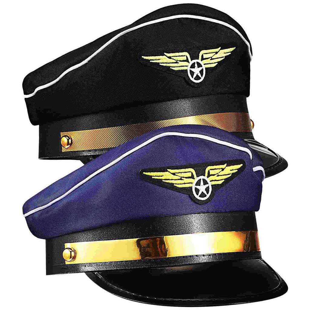 2 Stück Flugbegleiter Pilotenmütze Luft- und Raumfahrt (Blau + Schwarz) 2er-Pack Cosplay Stewardess Prop Cap Kapitänsmützen Kostüm
