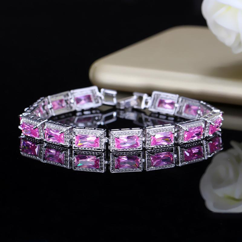 

Pera Top Quality 6 Color Choice Bangle & Bracelet for Women Big Square Red Crystal Stone Silver Color Party Jewelry Gift B119 рожевий