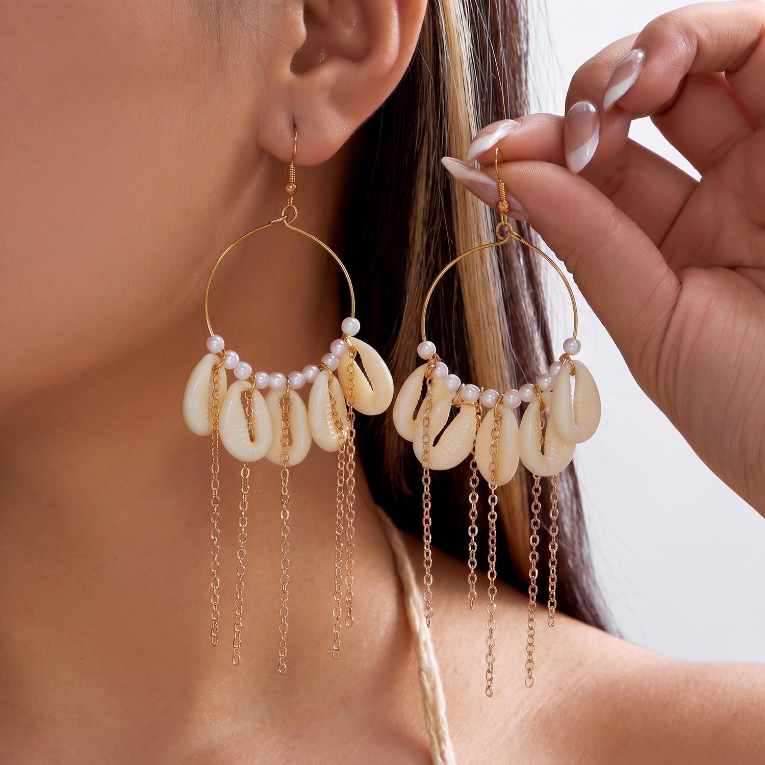 Bohemian Shell Chain Tassel Earrings for Women Ocean Style Hoop Earrings Beach Vacation Statement Jewelry Summer Accessories