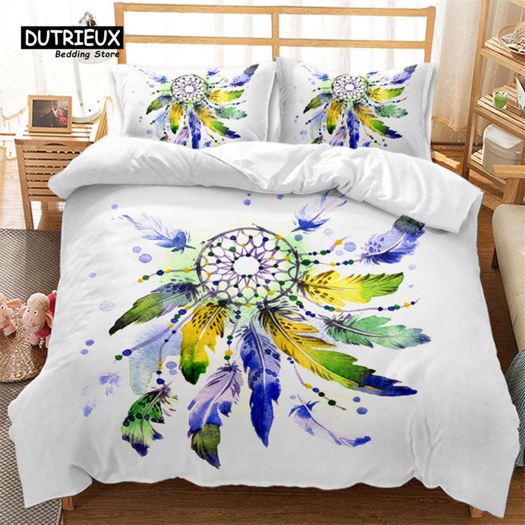 Traumfänger Bettbezug Set 2/3-teilig King Boho Bettwäsche Set Mikrofaser Federmuster Böhmischer Bettdeckenbezug mit Kissenbezügen