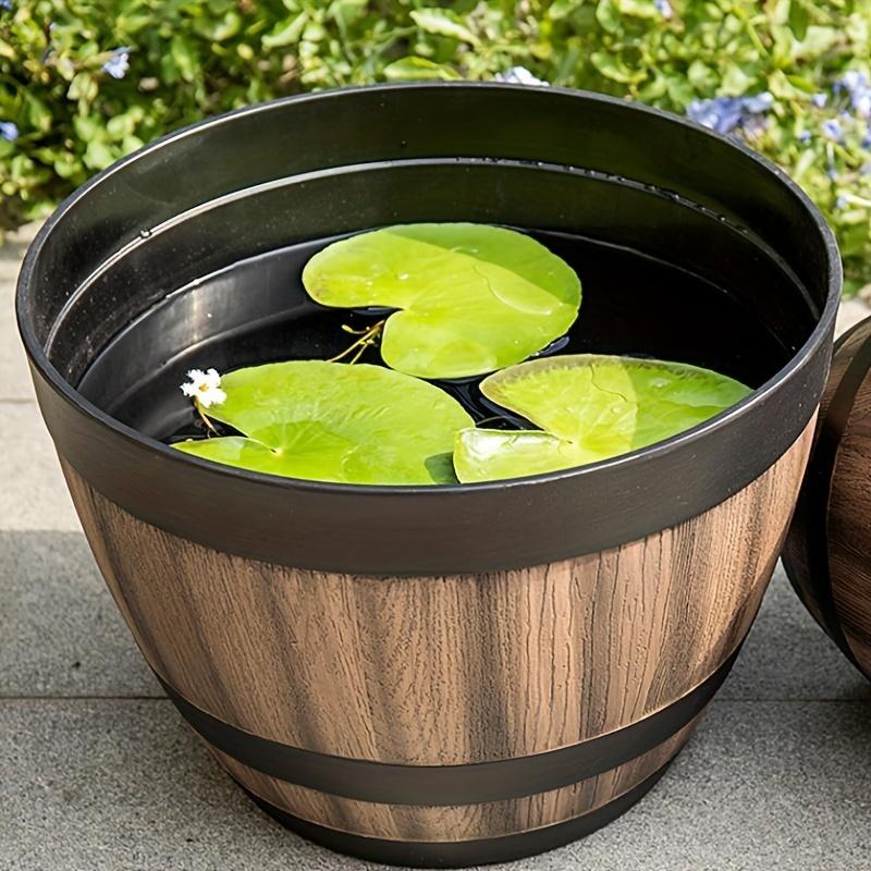 Durable Plastic Round Elegant Whiskey Barrel-Inspired Planter - Indoor & Outdoor Flower Pot for Gardens and Balconies