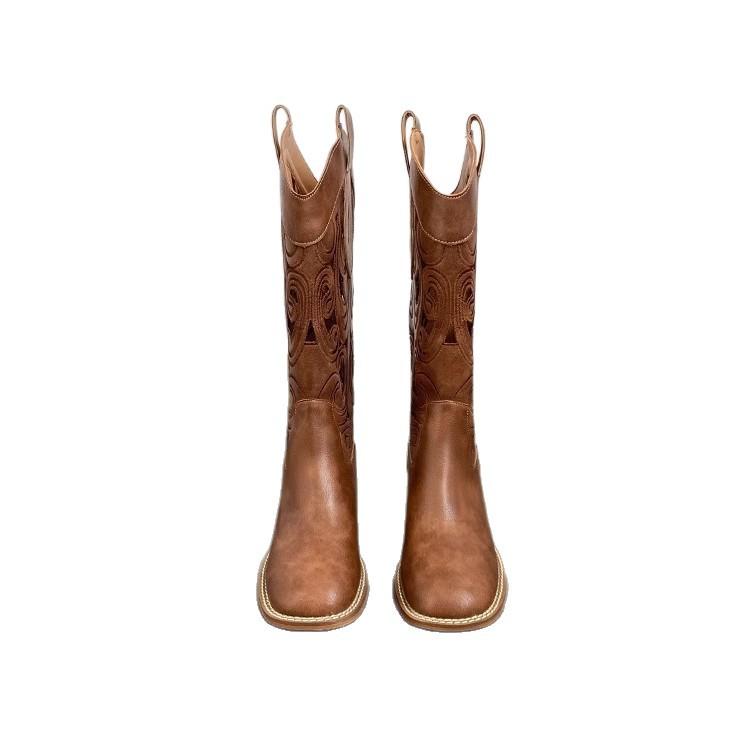 Brown Retro Western Cowboy Boots Women's 2025 New Hollow Mid Boots Embroidered Knight Boots Thick Heel Martin Boots