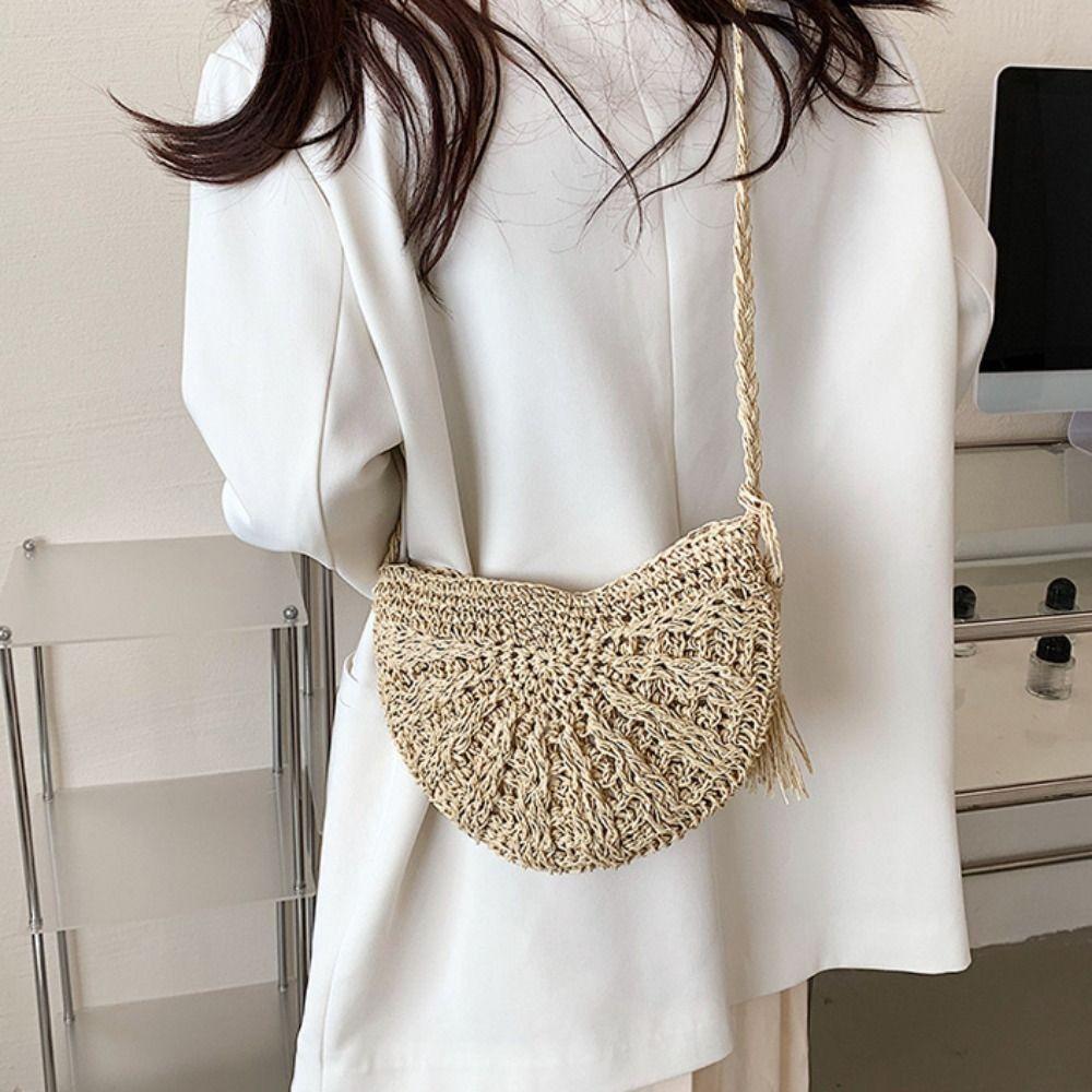 Half-round Straw Weave Bag Handmade Women's Crossbody Bag Trendy Woven Shoulder Bag  Beach
