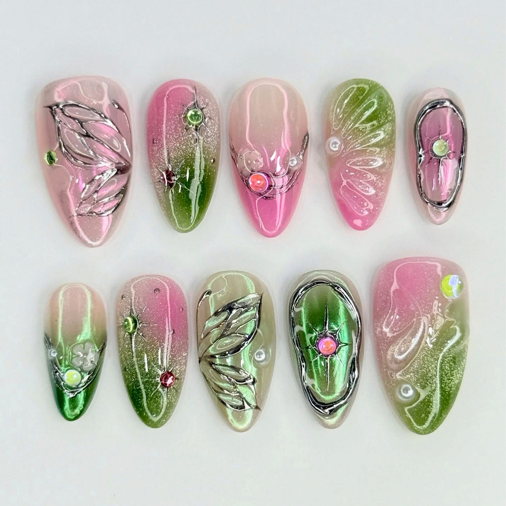 

30-Piece Luxury Purple Aurora Almond Nails: 3D Butterfly Flowers and Diamond Art