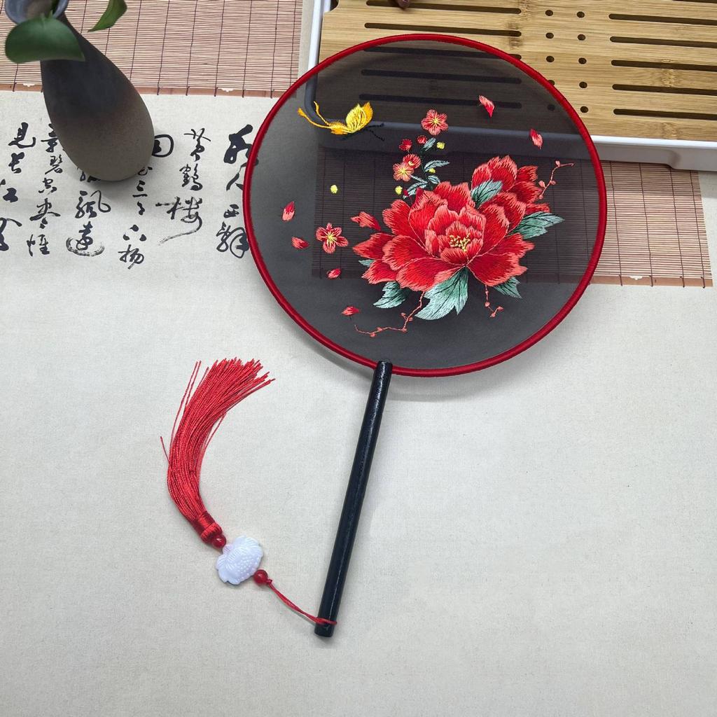 Red Flower Silk Fan Double Sided Embroidery Round Fan Chinese Palace Hanfu Hand Fan Craft Wedding Gift For Guests Home Decor