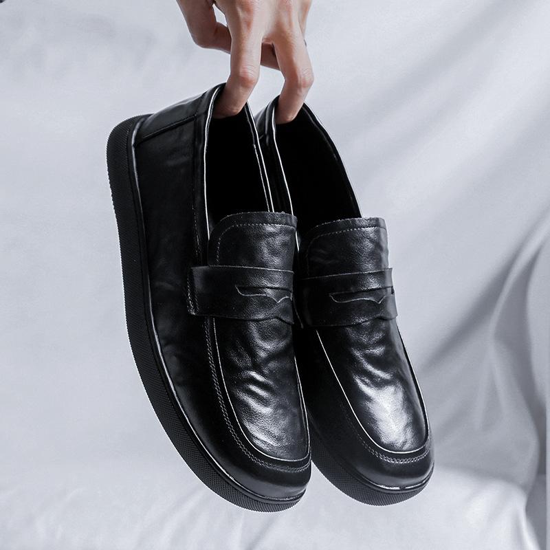 Dress Leather Shoes Men'S Leather Round Head Business British Casual Business Korean Version Black Big Head Soft-Soled Shoes 7982-R