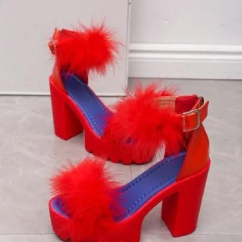 Shoes Ladies Cover Heel Women's Sandals Plus Size Dress Sandals Women Feather Ankle Buckle Strap High Heels Back Zip Shoes