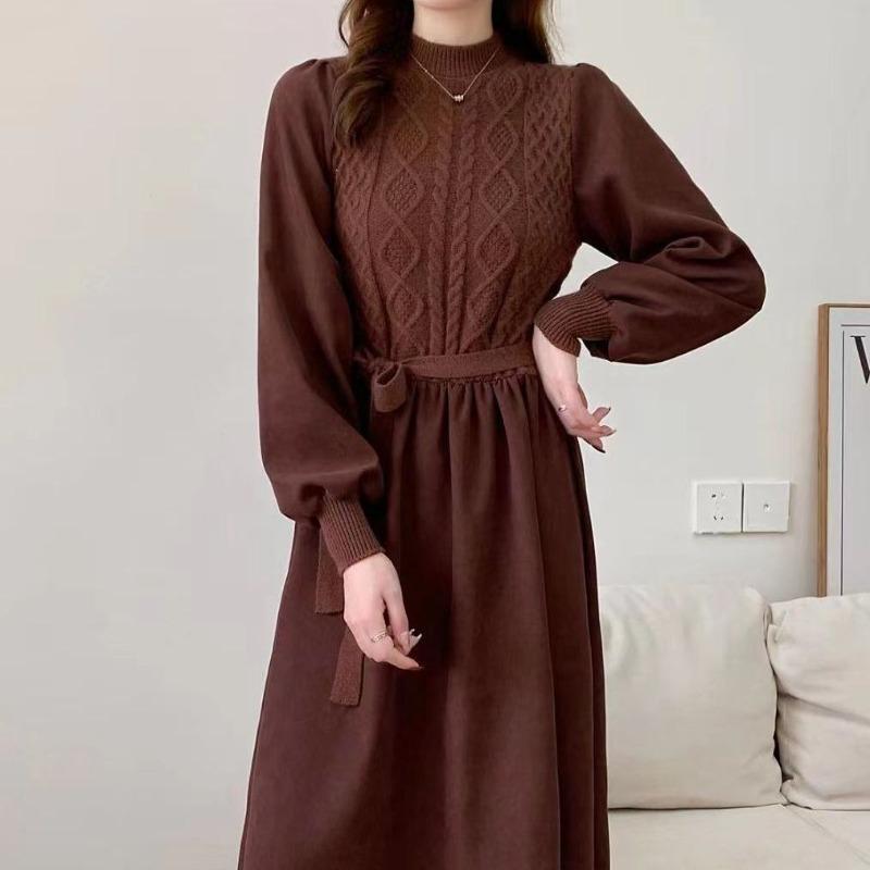 

GMXIA Женское модное вязаное платье с разрезом на осень и зиму с рукавами-фонариками и тонкой талией, с юбкой-свитером One size коричневый