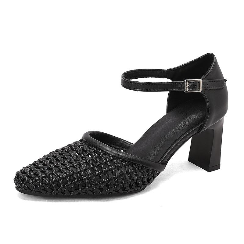 RLN French Woven Hollow Bag Head Sandals  Summer Thick Heel T-strap Roman Shoes