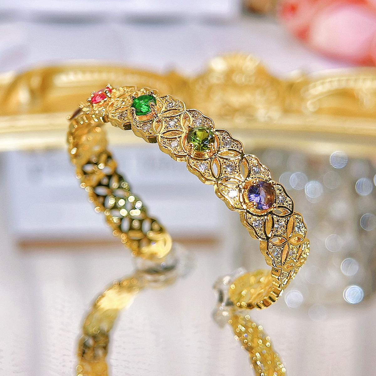 

WWJ Royal And Noble Party Wedding Golden Регулируемый открывающийся браслет Роскошные ретро женские ювелирные аксессуары Цветные браслеты с цирконием CZ золотой