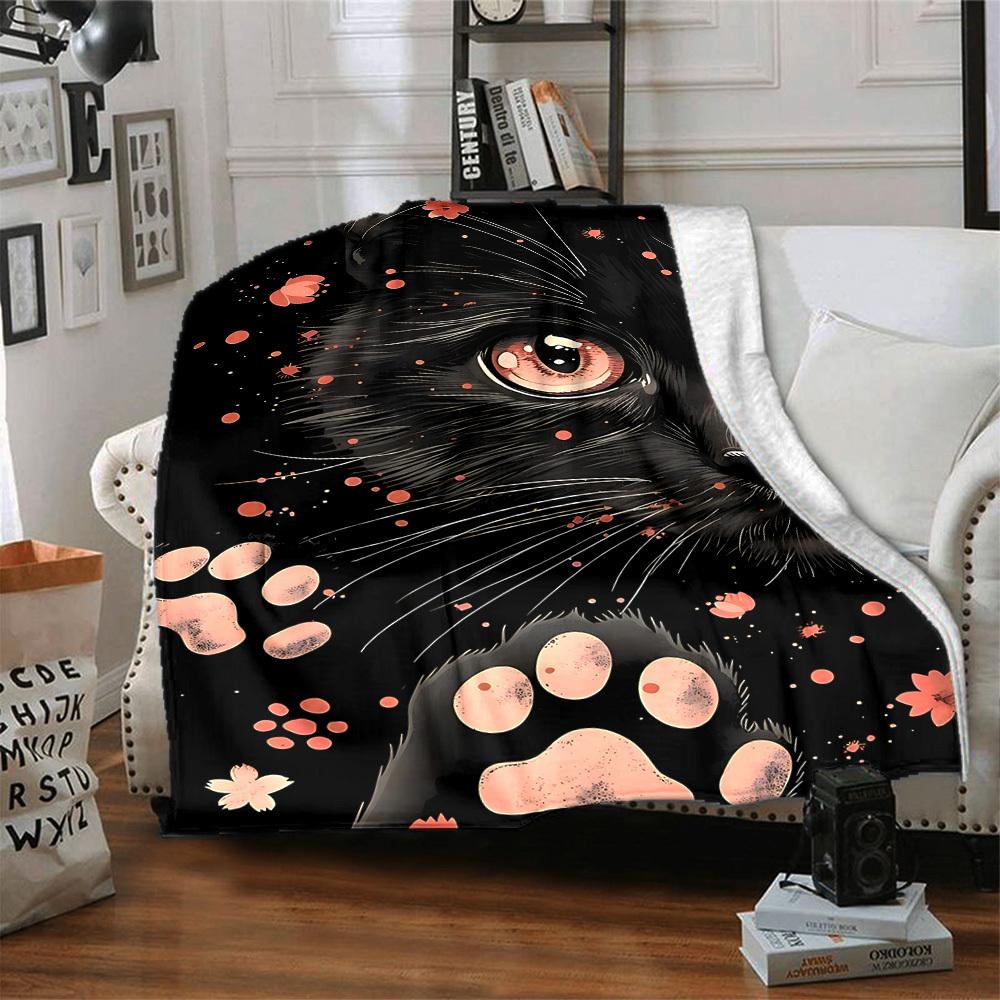 1pc Black Cat Print Blanket, Lightweight Flannel Throw For Sofa, Bed, Travel, Camping, Livingroom, Office, Couch, Chair