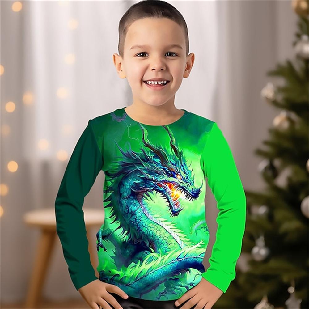 Spring and Autumn Round Neck Dragon Pattern 3D Printed Top Fashionable Casual Long Sleeved Children's Boy T-shirts