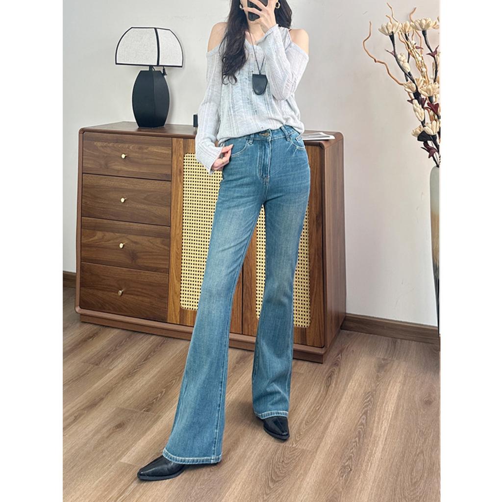 Women's High Waist Bootcut Long Denim Pants Slim Fit Washed Blue Stretch Jeans