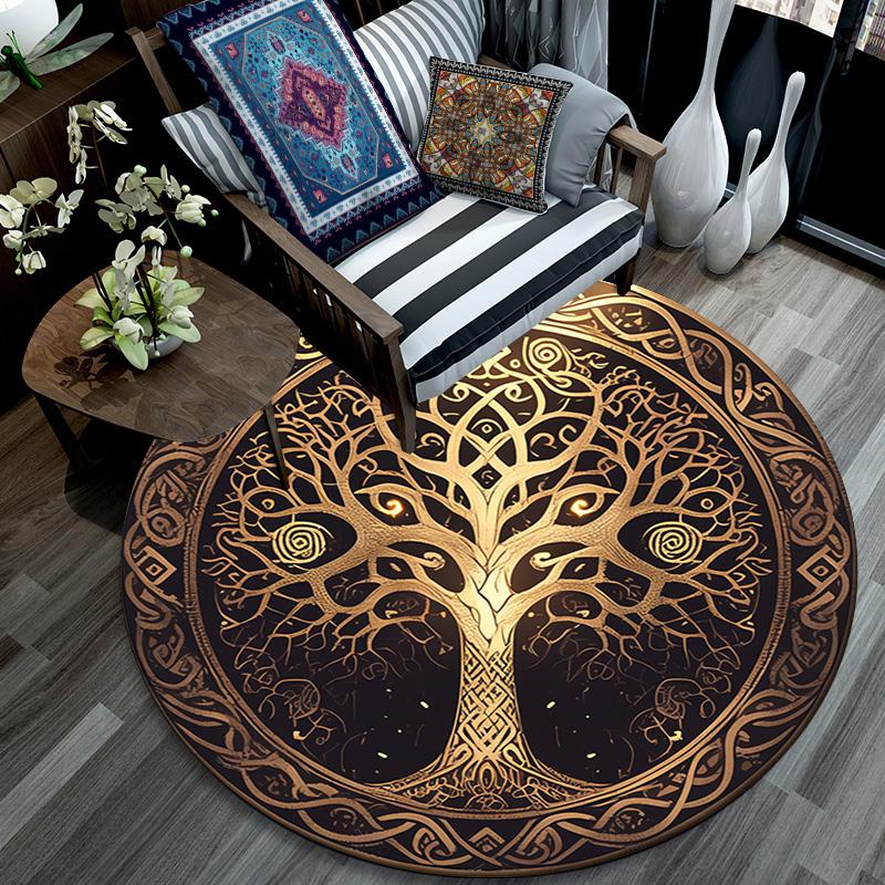 Golden Tree Round Area Rug,Carpet Rug for Living Room Bedroom Sofa Playroom Decor,Non-slip Floor Mat