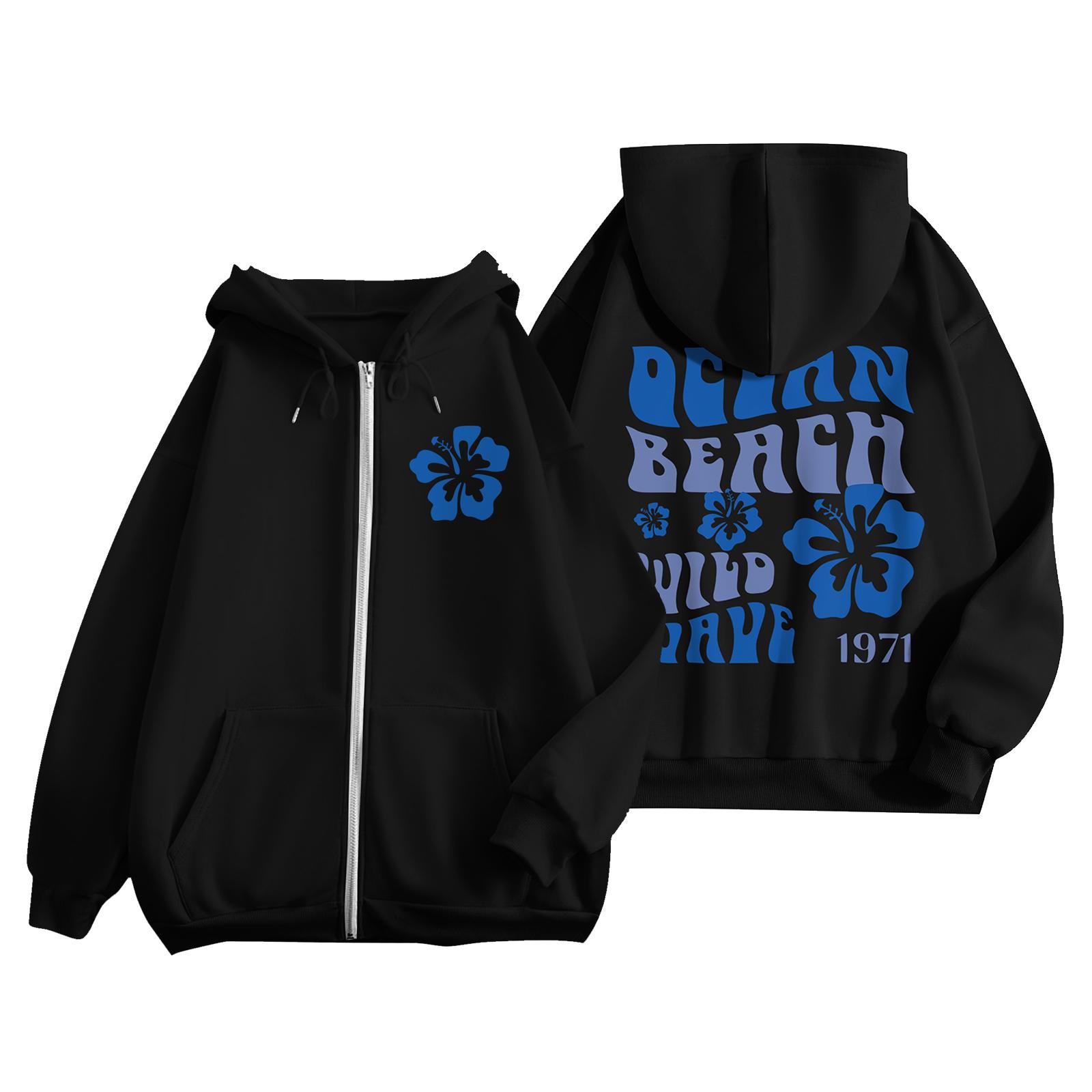 

Женские толстовки на молнии для девочек-подростков, свитшот с цветочным принтом, одежда, повседневная куртка на шнурке с карманами L чёрный