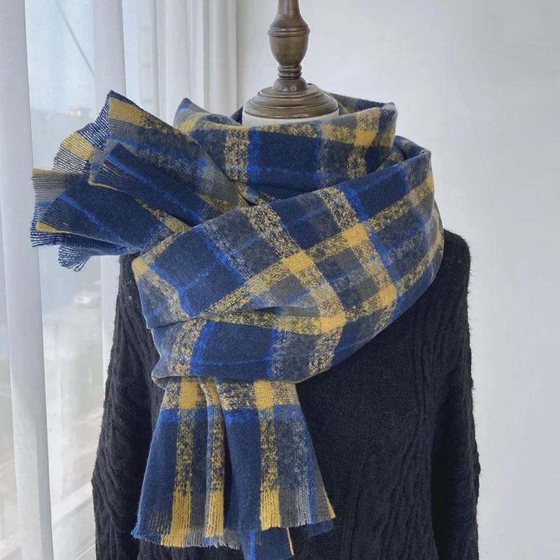 

Женский шарф в клетку в корейском стиле 2024 года: Универсальная двухсторонняя шаль из искусственного кашемира для зимы 65x190cm темно-синий