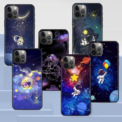 Cartoon Niedliche Astronautenhülle für Apple iPhone 14 11 13 12 Pro Max XR 7 8 + SE 2020 XS 6 6s Plus 5 5s Schwarze Silikon-Telefonabdeckung